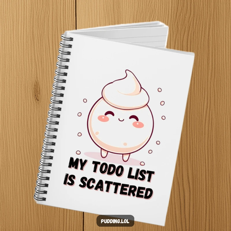 Funny tapioca pudding character with scattering pearls, looking silly, perfect for jotting down notes in this humorous notebook.