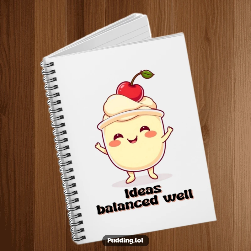 Funny pudding notebook with a wobbling pudding cup balancing a cherry on the cover, inspiring creative note-taking.