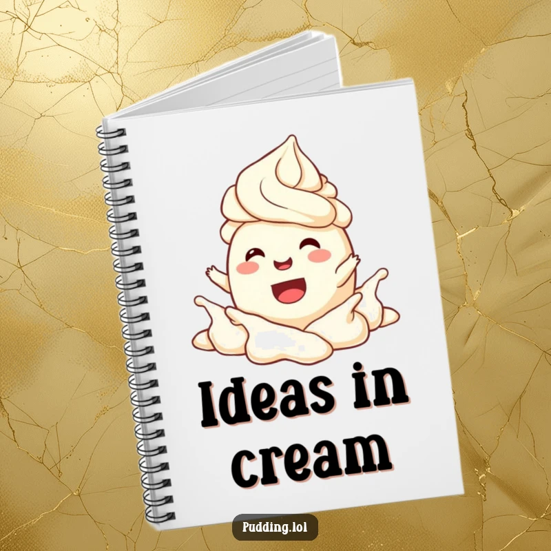 Funny Notebook with a joyful pudding character splashing in whipped cream, encouraging happy and creative note-taking.