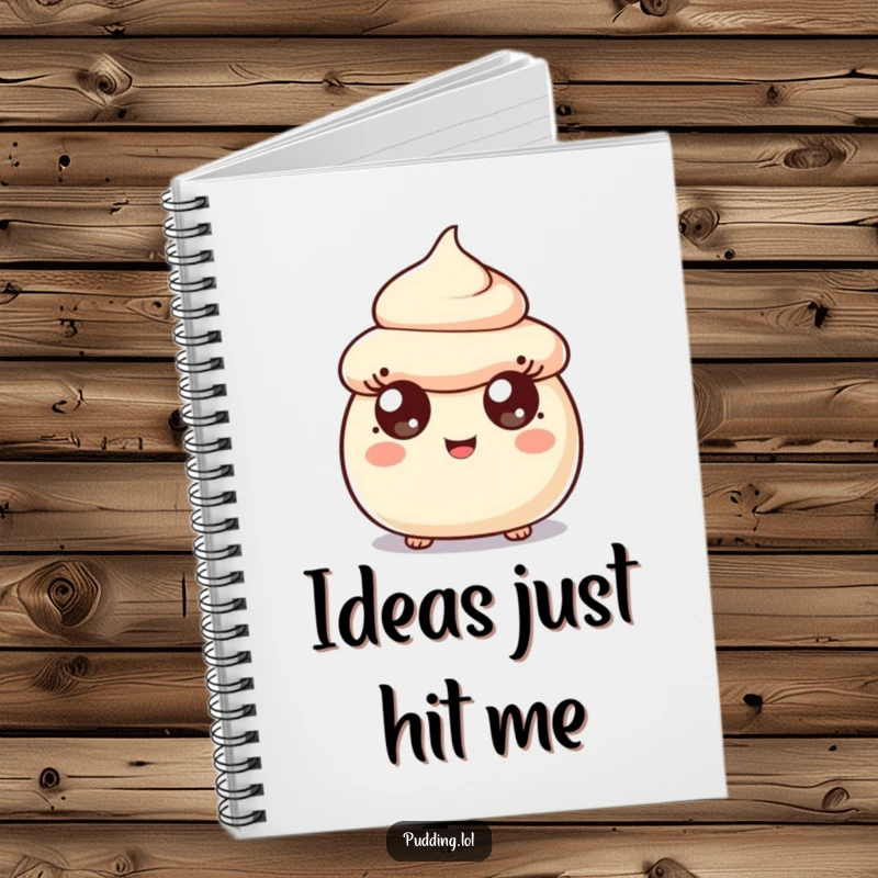 Funny surprised pudding scoop character on a notebook cover, wide-eyed and cheerful, ready to hold your brilliant ideas.