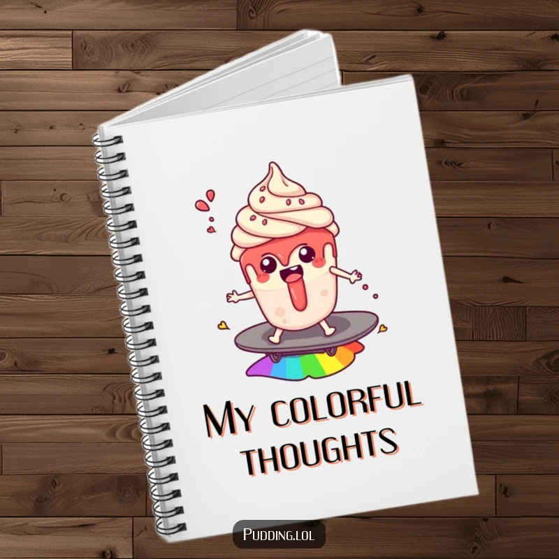 Funny notebook: A pudding cup character surfs a rainbow with sauce splashes, perfect for jotting down magical ideas and whimsical thoughts.