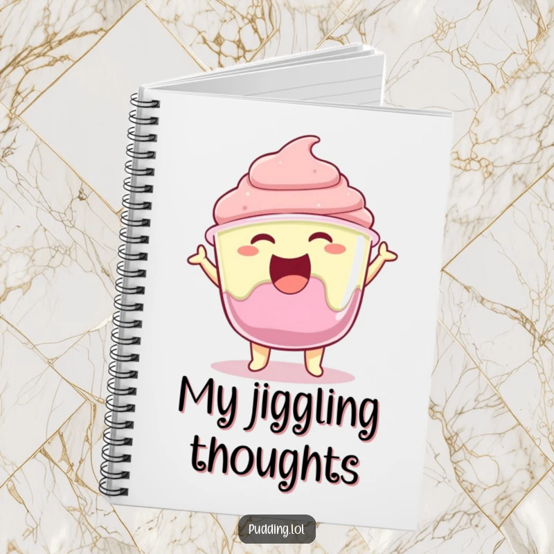 Funny pudding cup character joyfully jiggling with excitement on the cover of a sweet notebook.