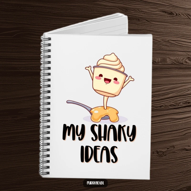 Funny notebook: A smiling pudding cup character attempts a handstand on a spoonful of jelly, perfect for jotting down funny notes and ideas.