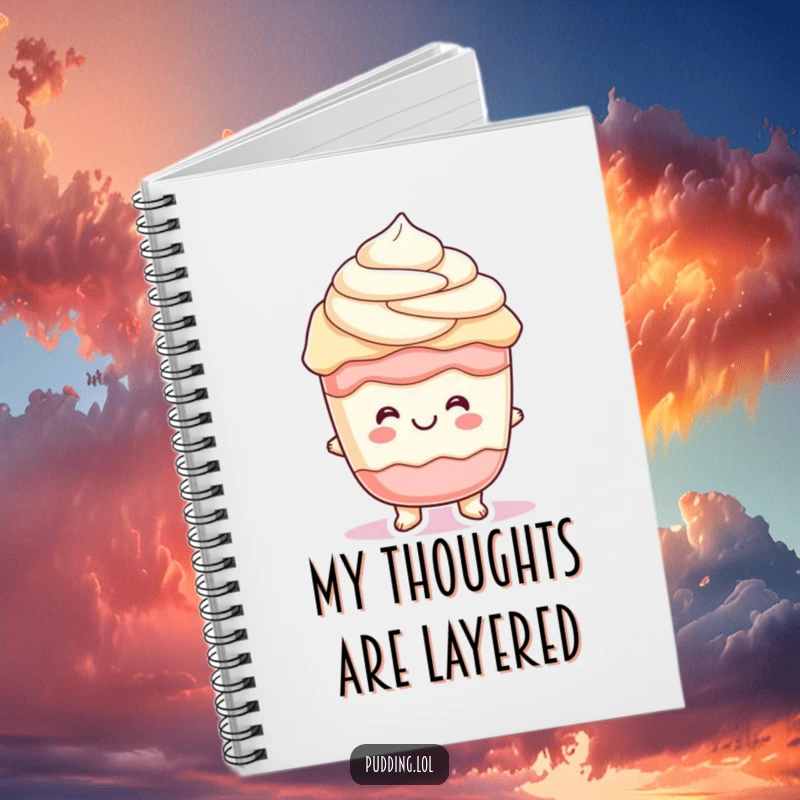 Funny parfait pudding character with cheerful, wiggling layers, perfect for jotting down notes in this humorous notebook.