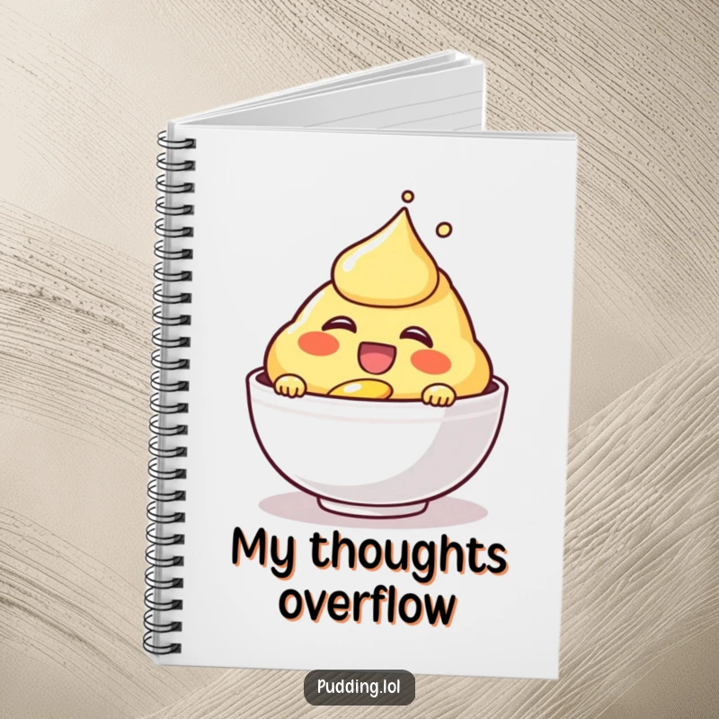 Funny laughing custard character on a notebook cover, pouring joyfully, ready to hold your inspired notes and doodles.