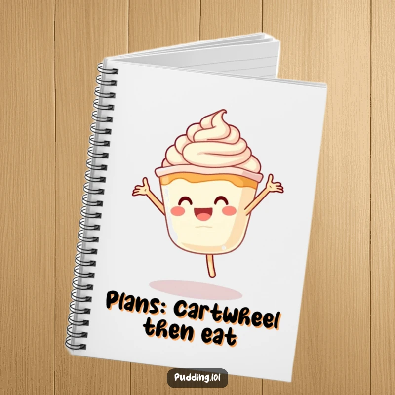 Funny Pudding Cartwheel Notebook: A pudding cup character in a joyful cartwheel pose with whipped cream, making note-taking fun and energetic.