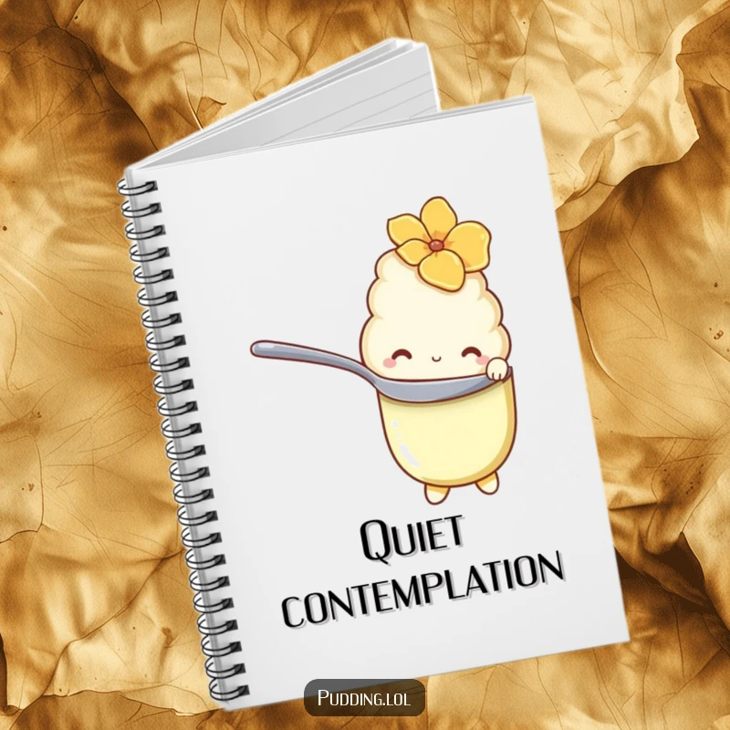 Funny Notebook with a shy vanilla pudding character hiding behind a spoon with bashful eyes, inspiring sweet thoughts.