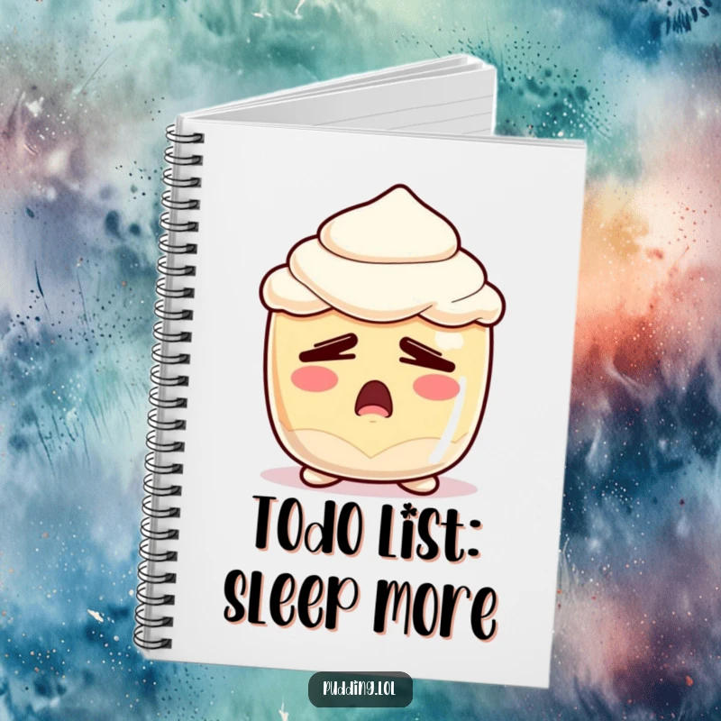 Funny Sleepy Pudding Notebook: A pudding cup character yawning dramatically with sleepy eyes, providing a humorous cover for note-taking.