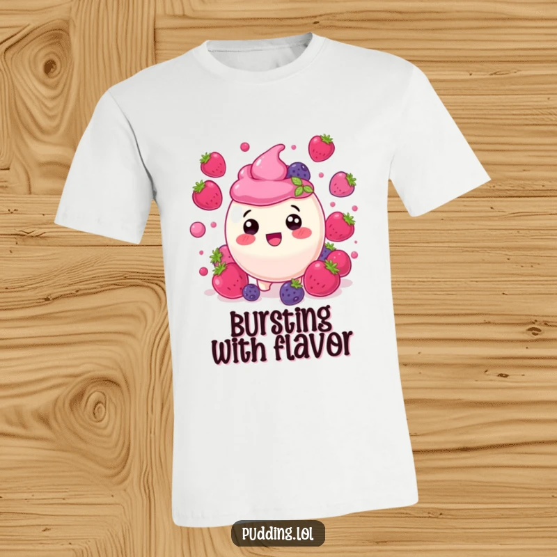 Funny berry pudding character, delighted amongst bouncing berries, perfect for a humorous and fruity t-shirt.