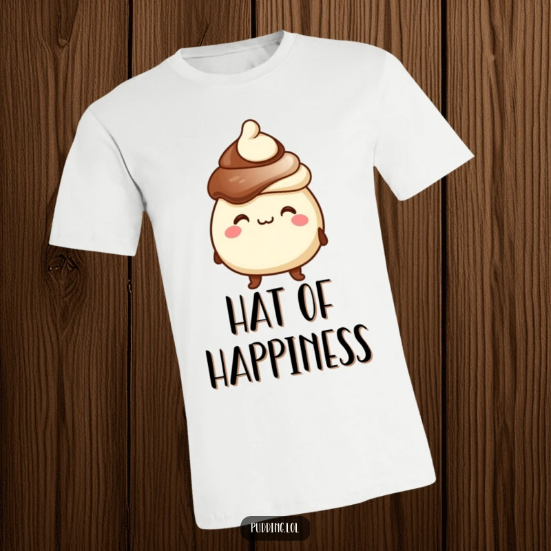 Funny t-shirt with a chocolate pudding character sporting a goofy grin and a tiny hat, radiating pure dessert joy and fun.