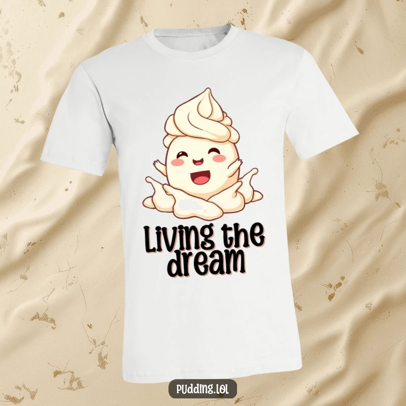 Funny T-Shirt depicting a pudding character joyfully splashing around in whipped cream, a scene of pure, unadulterated fun.
