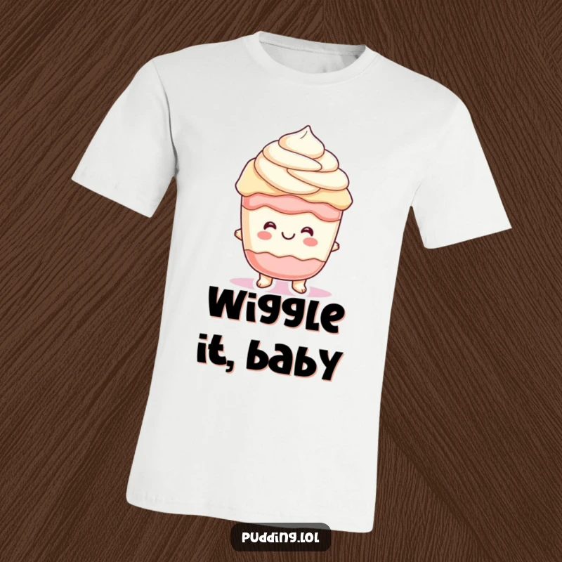 Funny parfait pudding character with cheerful, wiggling layers, perfect for a humorous and joyful t-shirt.