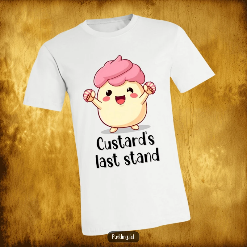 Funny pudding t-shirt featuring a dessert character enthusiastically cheering with small pom-poms, showcasing ultimate team spirit and joy.