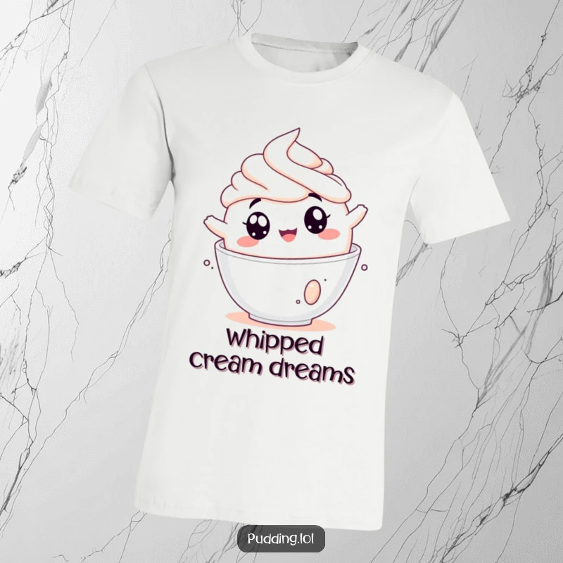 Funny pudding t-shirt featuring a jiggly pudding cup with wide eyes, tumbling joyfully into a bowl of whipped cream.