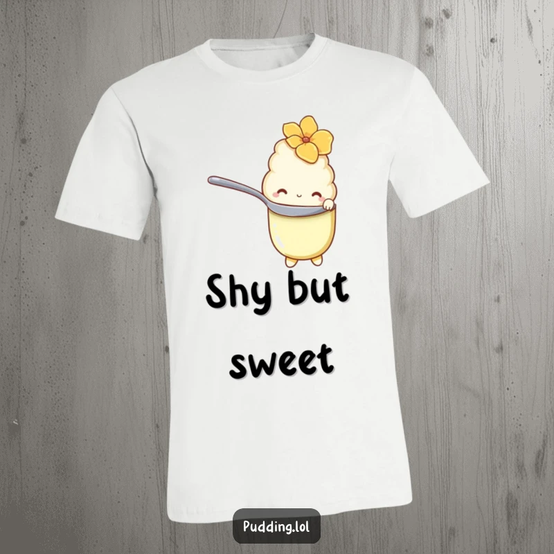 Funny T-Shirt with a shy vanilla pudding character hiding behind a spoon with wide, bashful eyes, looking cute.