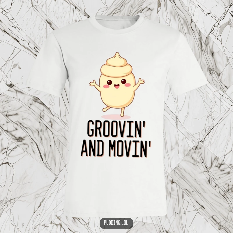 Funny vanilla pudding character doing a playful dance, perfect for a humorous and energetic t-shirt.