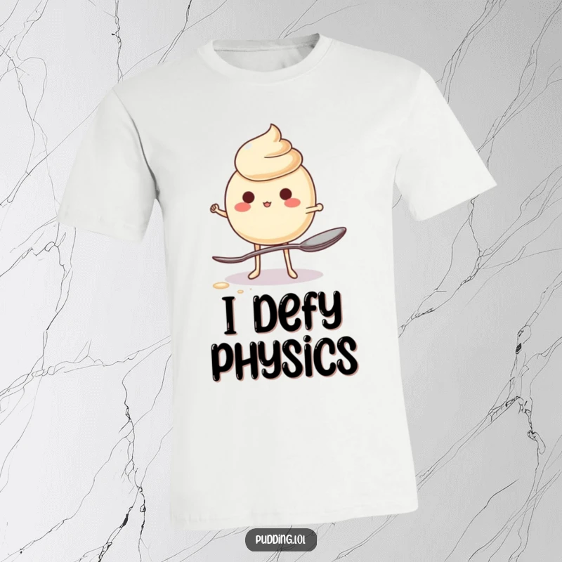 Funny T-Shirt showcasing a wobbly pudding Character in a comical stance, precariously balanced on the tip of a single spoon.