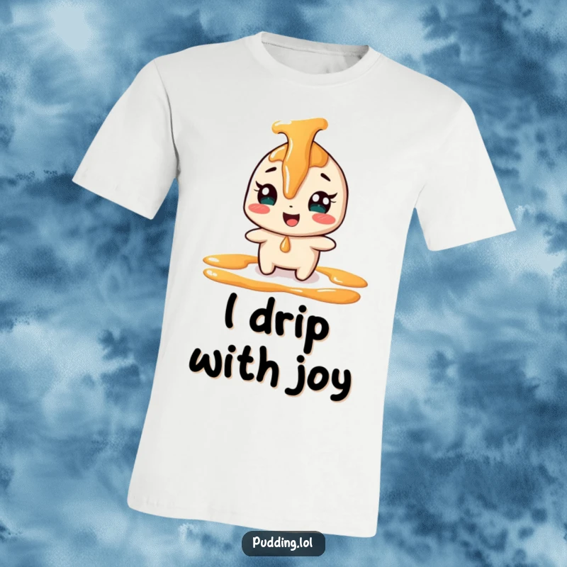 Funny giggling caramel sauce character depicted on a t-shirt, playfully drizzling with a mischievous grin.