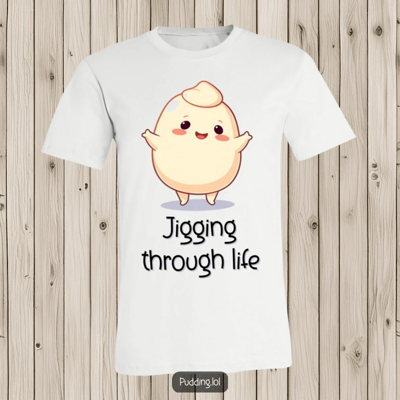 Funny T-Shirt depicting a smiling pudding blob character energetically doing a jig, capturing a moment of pure, unadulterated joy.