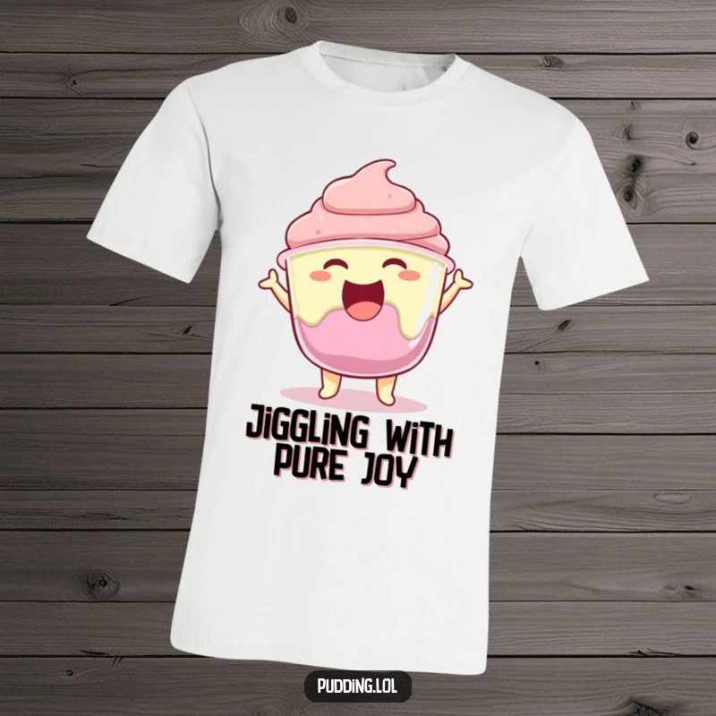 Funny pudding cup character jiggling its gelatin with pure excitement, printed on a comfortable t-shirt.