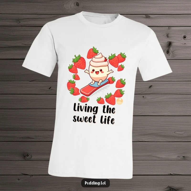 Funny t-shirt showcasing a delighted pudding cup character expertly surfing down a juicy strawberry slide with infectious enthusiasm.