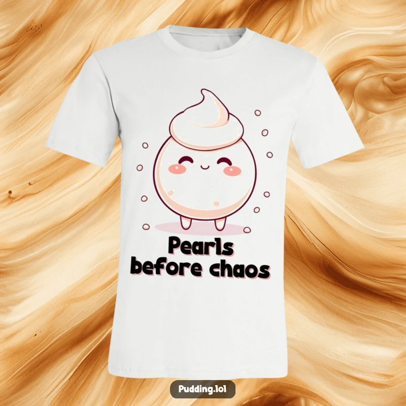 Funny tapioca pudding character with scattering pearls, looking silly, perfect for a humorous and quirky t-shirt.