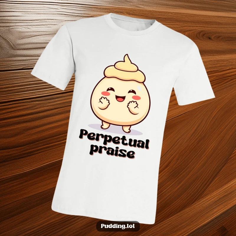 Funny T-Shirt depicting a grinning pudding character joyfully clapping its tiny hands, embodying celebration and excitement.