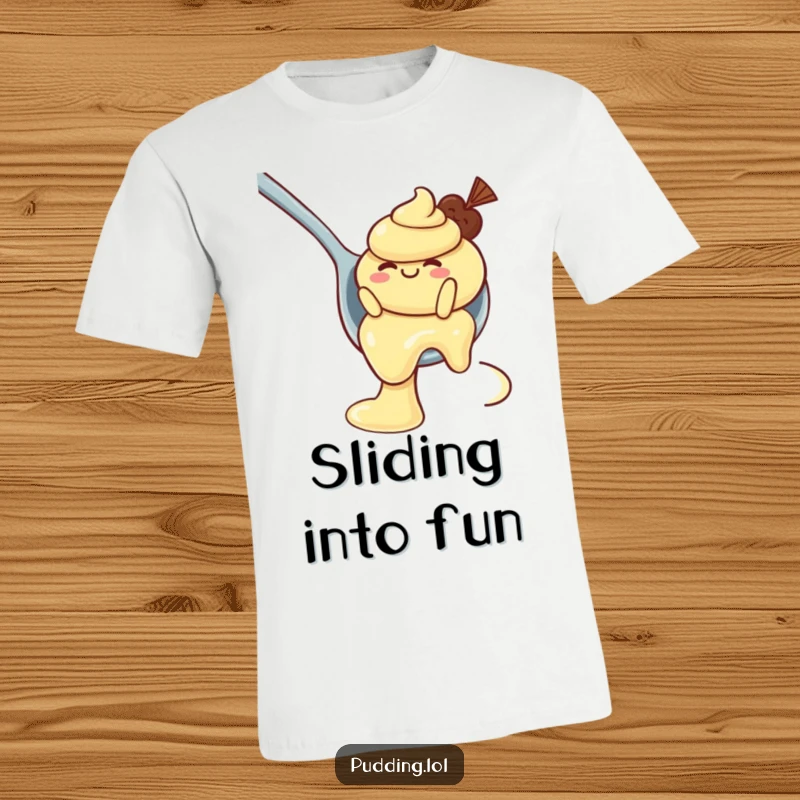 Funny T-Shirt: A comical wobbly pudding character is pictured sliding down a spoon, mimicking a water slide, a sweet adventure.