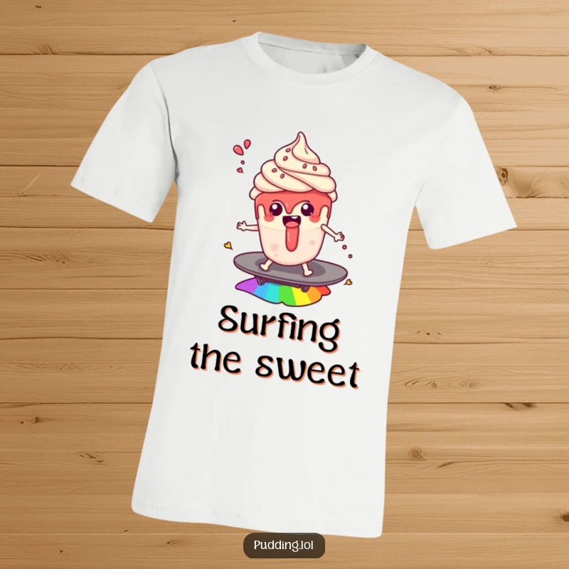 Funny t-shirt: A happy pudding cup character with sauce splashes rides a rainbow like a surfboard, showcasing whimsical dessert-themed fun.