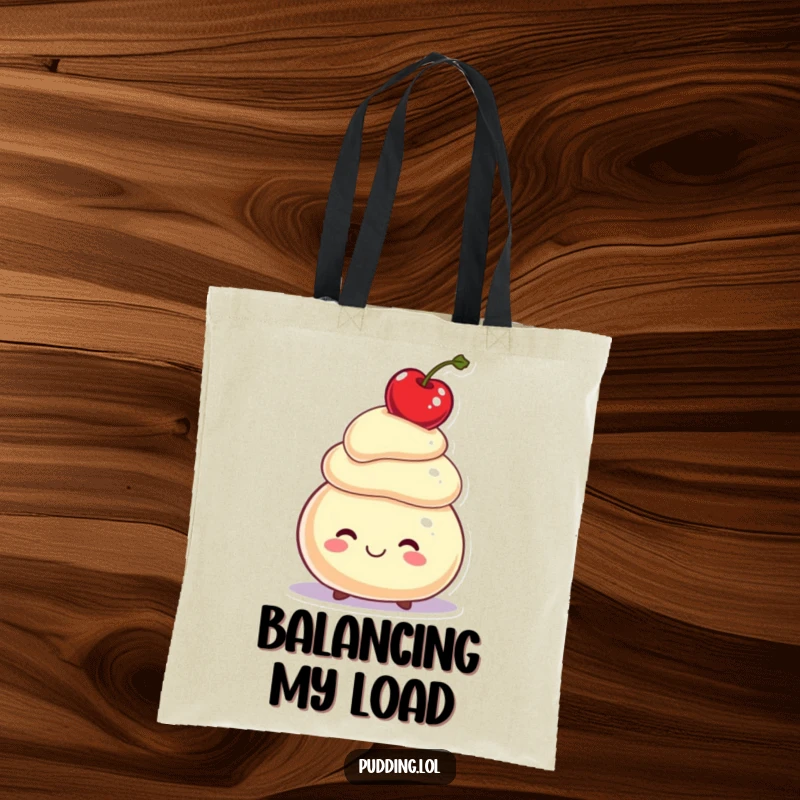 Funny Tote Bag: A smiling pudding character balances a cherry on its head, a symbol of charming poise and fun.
