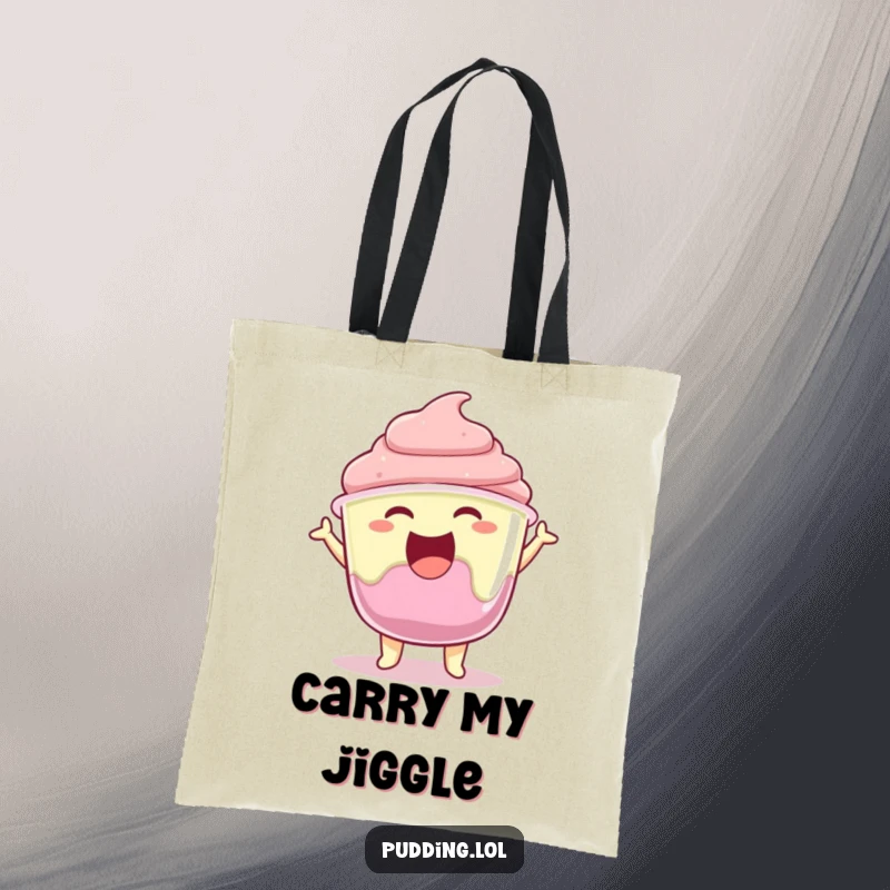 Funny pudding cup character joyfully jiggling its gelatin, printed on a durable tote bag.