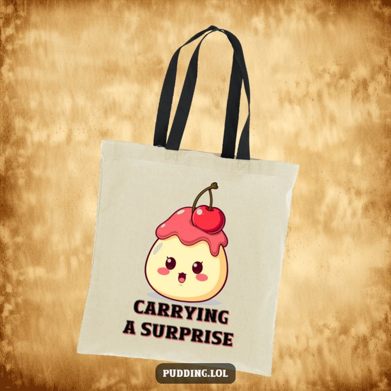 Funny Tote Bag illustrating a surprised pudding character with a cherry precariously balanced on its head, a comical accessory.