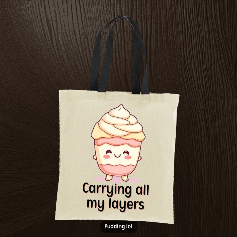 Funny parfait pudding character with cheerful, wiggling layers, perfect for carrying items in this humorous tote bag.