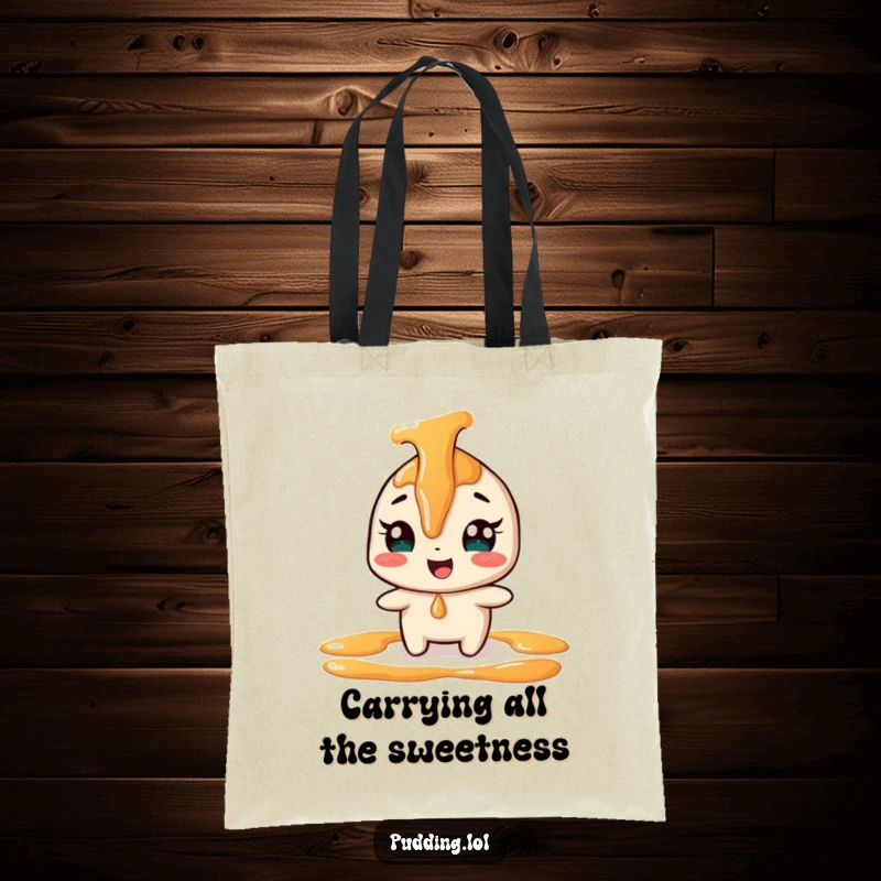 Funny giggling caramel sauce character on a tote bag, playfully drizzling, ideal for carrying daily items with sweet humor.