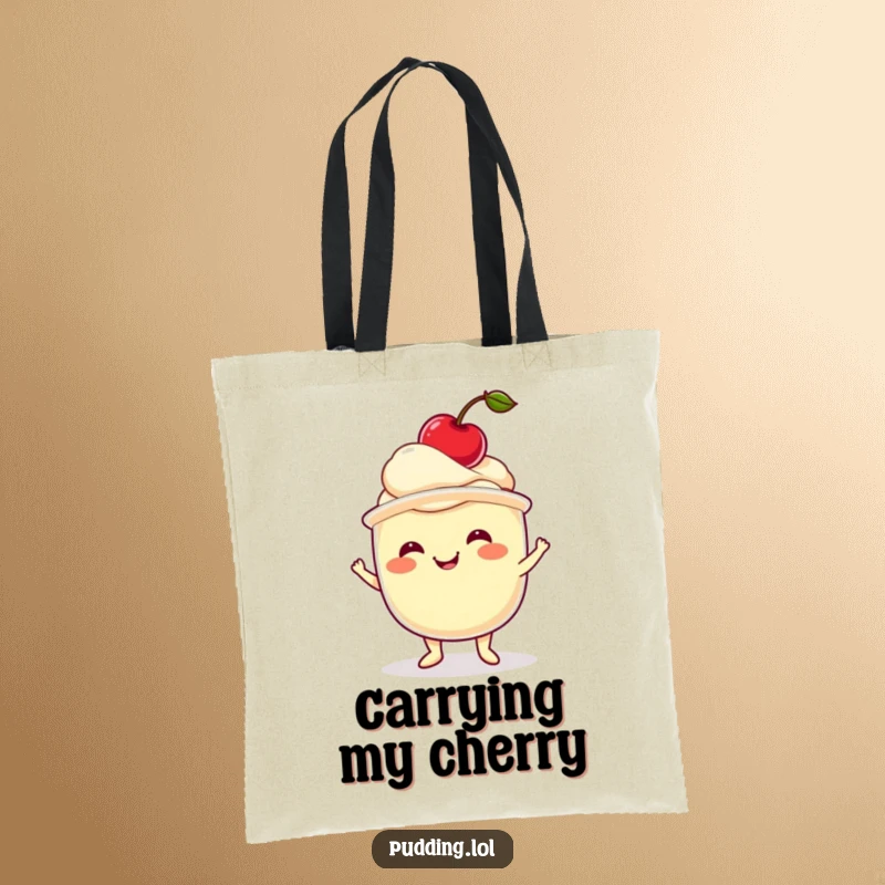 Funny pudding tote bag with a wobbling pudding cup balancing a cherry, ideal for grocery shopping.