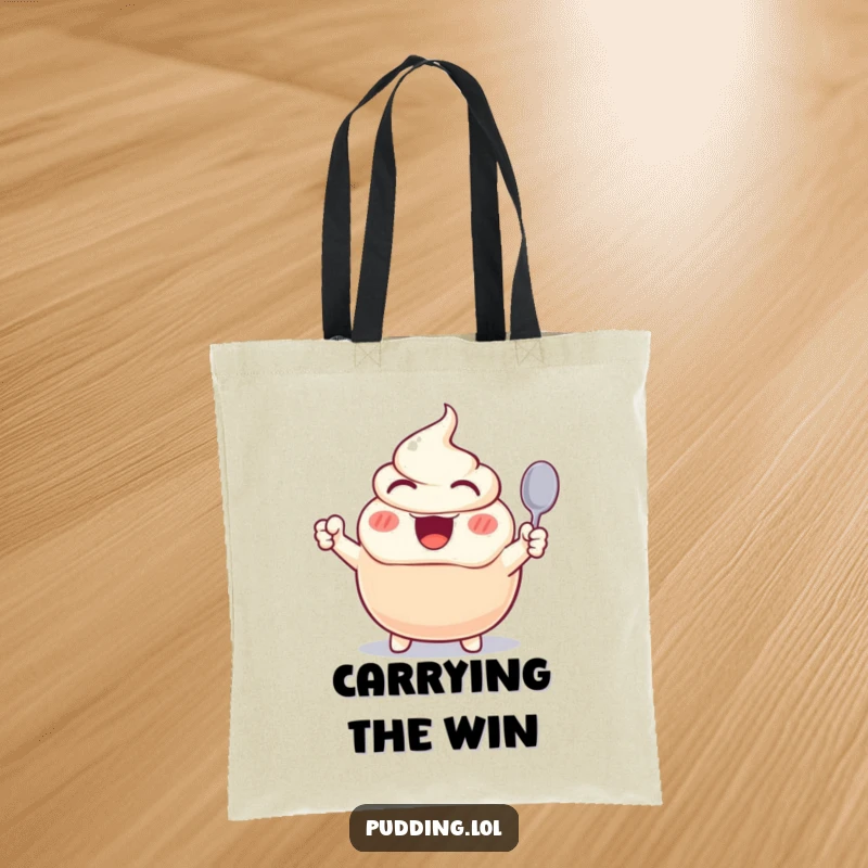 Funny tote bag with an excited pudding character cheering enthusiastically, spoon raised, ideal for carrying goodies and spreading smiles.