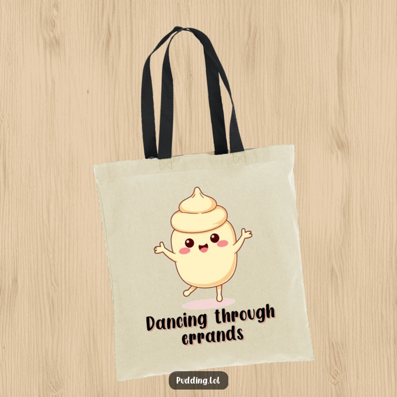 Funny vanilla pudding character dancing playfully, perfect for carrying essentials in this humorous tote bag.
