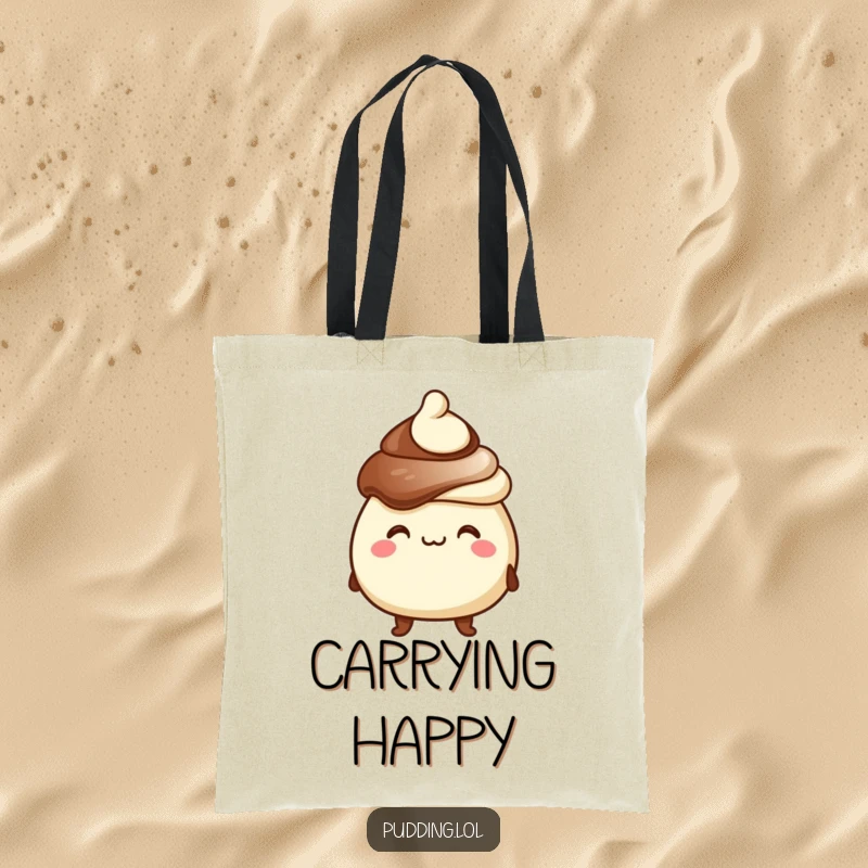 Funny tote bag with a chocolate pudding character wearing a hat and grinning, perfect for carrying essentials with a sweet smile.