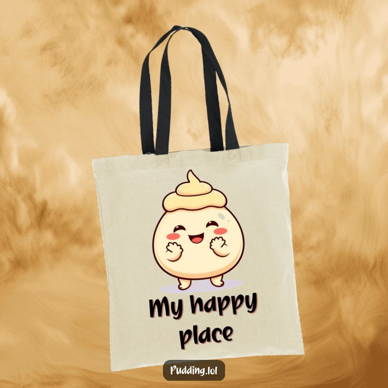Funny Tote Bag showcasing a grinning pudding character delightedly clapping its two small hands together, a symbol of celebration.