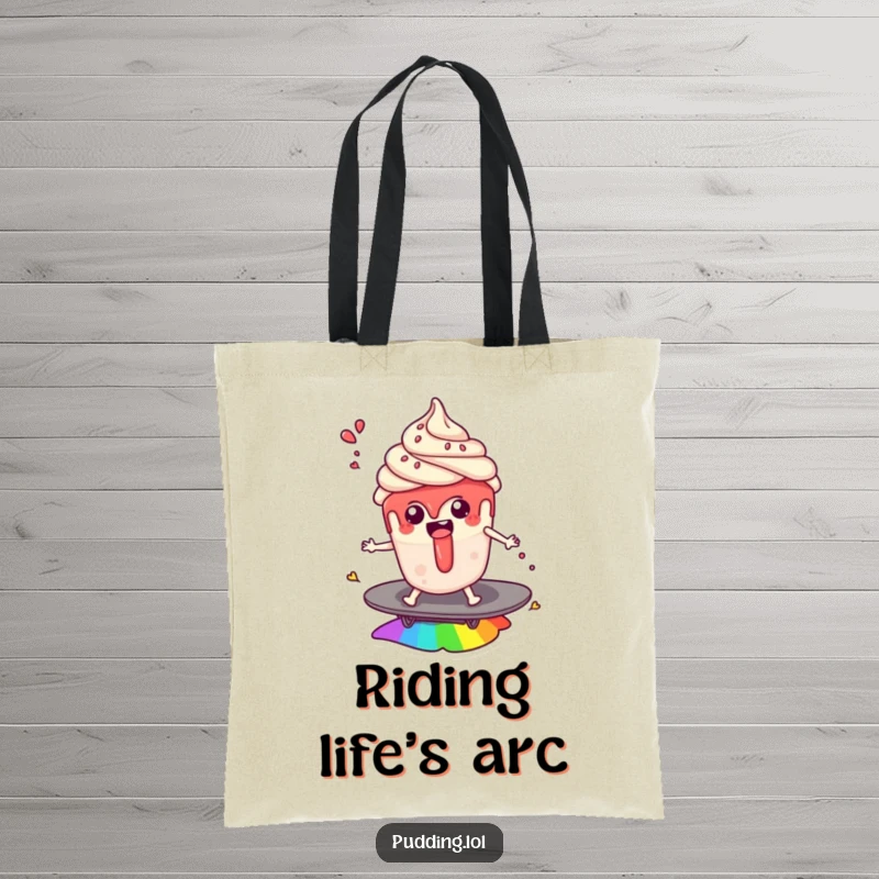 Funny tote bag: A delighted pudding cup character surfs a rainbow with sauce splashes, making this a humorous and magical accessory.