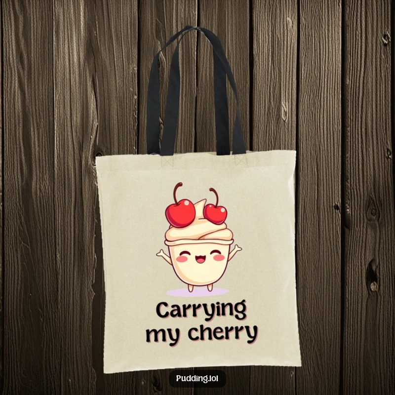 Funny pudding cup tote bag with a character joyfully bouncing a mini cherry on its head, ideal for carrying items with sweetness.