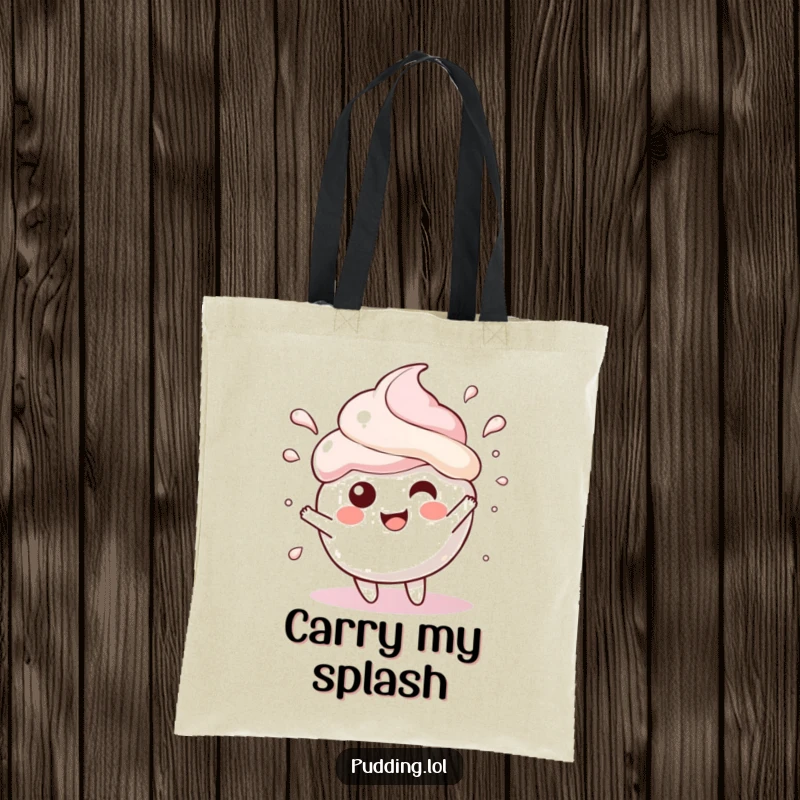 Funny Tote Bag with a pudding scoop character gleefully splashing, perfect for carrying items with a fun, energetic flair.