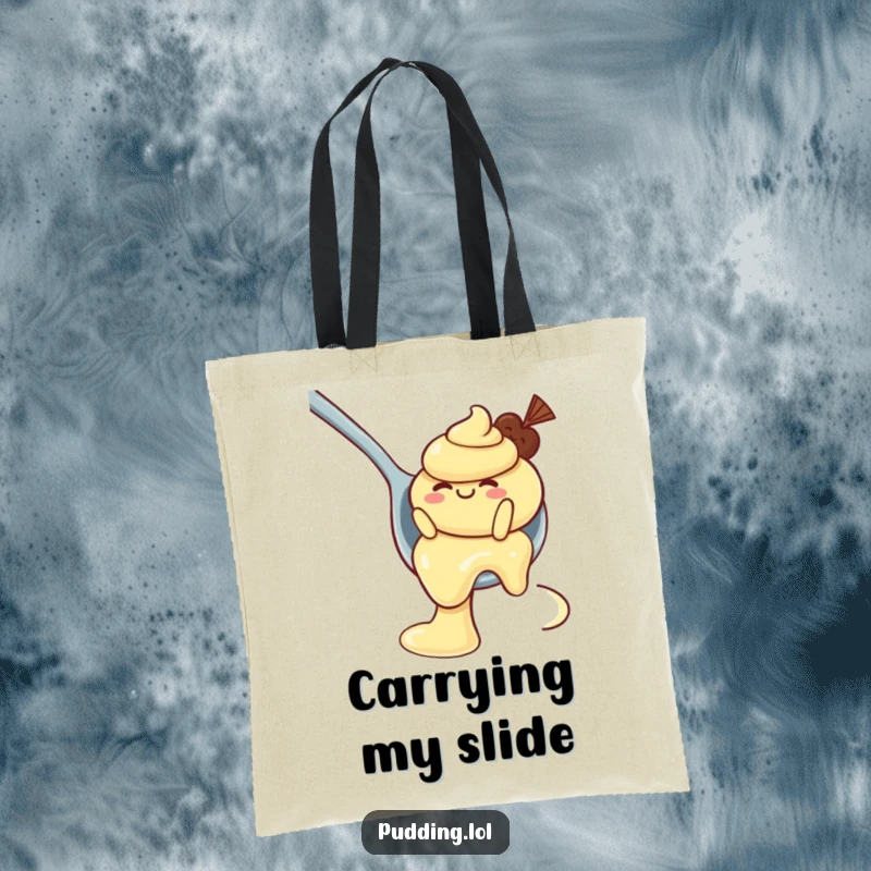 Funny Tote Bag: A wobbly pudding character gleefully slides down a spoon, bringing dessert-themed fun and practicality.