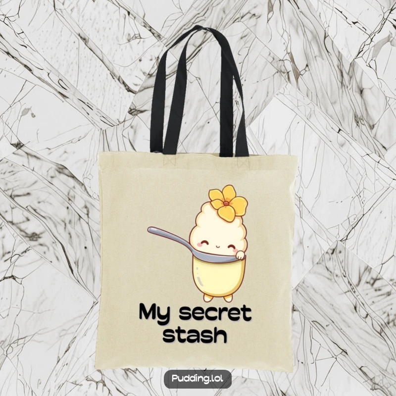 Funny Tote Bag showcasing a shy vanilla pudding character hiding behind a spoon with shy eyes, perfect for daily use.