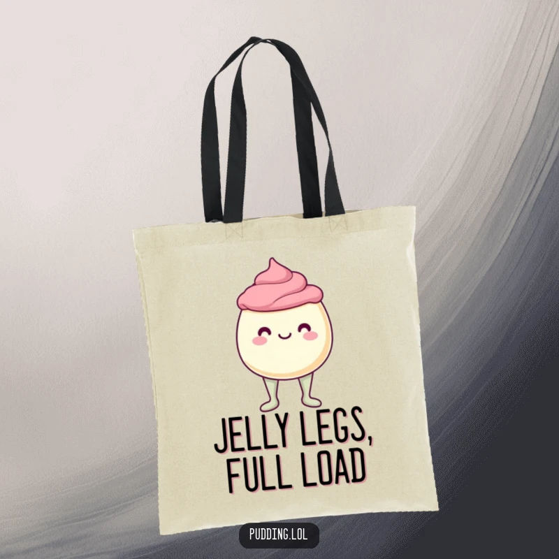 Funny Tote Bag featuring a wobbling pudding cup character with precarious jelly legs, ready to hold your goodies with a humorous wobble.