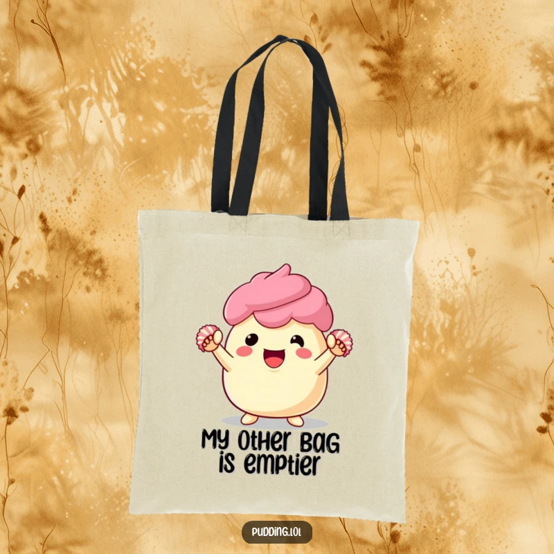 Funny pudding tote bag with a dessert character cheering energetically with tiny pom-poms, ideal for carrying groceries or goodies.