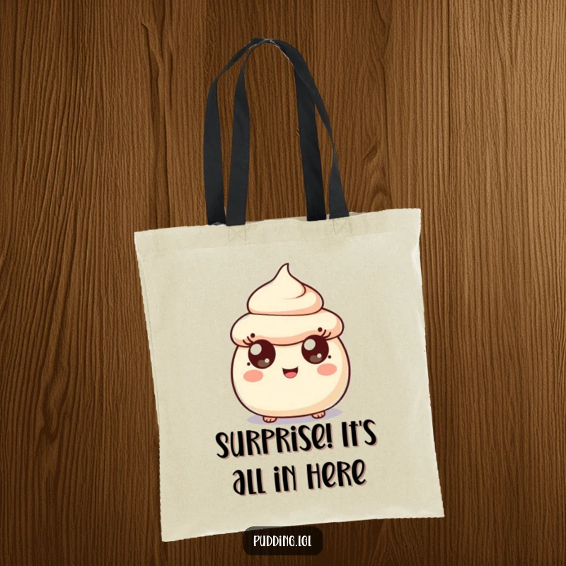 Funny surprised pudding scoop character on a tote bag, wide-eyed and amusing, perfect for carrying groceries or daily items.